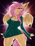  2014 abstract_background anthro anthrofied breasts dimwitdog equine eyelashes female fluttershy_(mlp) friendship_is_magic hair happy hi_res horse long_hair mammal my_little_pony nipples pegasus plain_background pony purple_background pussy red_eyes sharp_teeth smile solo squint sweater teeth vampire wings 