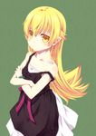  bare_shoulders blonde_hair bracelet crossed_arms dress green_background jewelry kouji_(campus_life) long_hair looking_at_viewer monogatari_(series) oshino_shinobu solo strap_slip yellow_eyes 