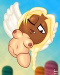  breasts brown_eyes eyelashes female goomba hair josilver mario_bros nintendo one_eye_closed paragoomba ponytail video_games wings wink 