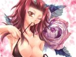  armpits black_bra bra breasts brown_eyes cleavage drill flower hair_ornament izayoi_aki large_breasts long_hair mugicha_(sukimachaya) one_eye_closed red_flower red_hair red_rose rose smile solo strap_pull underwear undressing yuu-gi-ou yuu-gi-ou_5d's 