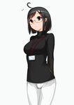  ahoge bad_id bad_pixiv_id black_hair breasts brown_eyes deneb_(noble324) glasses medium_breasts name_tag pants servant_x_service short_hair solo sweater turtleneck white_background white_pants yamagami_lucy 