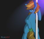 blue_body blueprint_(artist) blueprint_(character) brown_eyes equine female hair hi_res horse mammal money my_little_pony navel open_mouth original_character pole pony solo stripper_pole 