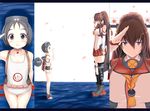  blush clothes_writing diving_mask from_side hair_ornament headgear height_difference highres kantai_collection letterboxed light_smile long_hair looking_at_another looking_at_viewer maru-yu_(kantai_collection) multiple_girls multiple_views one-piece_swimsuit open_mouth petals ponytail pov profile salute school_swimsuit short_hair single_thighhigh standing standing_on_liquid sukage swimsuit thighhighs water white_school_swimsuit white_swimsuit yamato_(kantai_collection) 