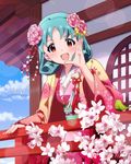  :d bird blush brown_eyes flower green_hair hair_flower hair_ornament idolmaster idolmaster_million_live! japanese_clothes japanese_white-eye jpeg_artifacts kanzashi kimono looking_at_viewer official_art open_mouth railing smile sparkle tokugawa_matsuri tsumami_kanzashi 