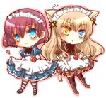  alternate_costume animal_ears apron argyle argyle_legwear black_legwear blonde_hair blue_dress blue_eyes boots brown_dress brown_hair cat_ears cat_tail chibi company_connection crossover dress enmaided full_body heart heterochromia kemonomimi_mode knee_boots liarsoft lily_(shiei_no_sona-nyl) long_hair maid maid_headdress mary_clarissa_christie multiple_girls name_tag puffy_short_sleeves puffy_sleeves shiei_no_sona-nyl shikkoku_no_sharnoth short_hair short_sleeves smile steampunk_(liarsoft) striped striped_legwear suzuka_(once) tail thighhighs white_background yellow_eyes 