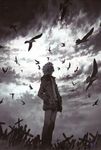  1boy animal bird birds cloud cloudy_sky coat flying looking_up nagisa_kaworu neon_genesis_evangelion neon_genesis_evangelion_(manga) official_art ruins sadamoto_yoshiyuki sky 