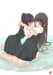  arms_around_neck bangs barefoot black_hair blush brown_eyes brown_hair buttons closed_mouth eye_contact hand_on_another's_cheek hand_on_another's_face highres hug kneeling long_hair long_sleeves looking_at_another multiple_girls okiru original partially_submerged pleated_skirt puffy_sleeves school_uniform shallow_water short_sleeves skirt swept_bangs twintails water watermark wet wet_clothes yuri 