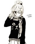  alternate_hairstyle anzu_(o6v6o) casual glasses gumi hair_between_eyes hair_bun hair_up looking_at_viewer monochrome one_eye_closed simple_background smile solo translation_request vocaloid white_background 