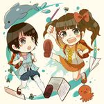  abstract_background bangs black_hair blunt_bangs blush book bow brown_hair clover dolphin eraser four-leaf_clover full_body hair_bow hisanuma_sayu mary_janes multiple_girls nagi_no_asukara octopus open_book open_mouth orange_skirt outstretched_arm paper_airplane pencil raised_fist ribbon round_teeth ruler shamrock shiodome_miuna shoe_soles shoes short_hair skirt teeth text_focus tomori_chia twintails two_side_up walking 