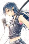  belt blue_hair blurry brown_eyes cable choker depth_of_field highres idolmaster idolmaster_(classic) kisaragi_chihaya long_hair looking_at_viewer microphone parted_lips sleeveless solo white_background wristband yae_(mono110) 