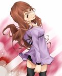  arched_back black_legwear blush brown_eyes brown_hair from_behind head_tilt long_hair looking_back mugino_shizuri shaft_look shin_(highest1192) solo thighhighs to_aru_kagaku_no_railgun to_aru_majutsu_no_index 