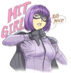  bad_id bad_pixiv_id bangs black_gloves blue_eyes bob_cut bodysuit cape character_name clenched_teeth english fang gloves hit-girl homare_(fool's_art) kick-ass looking_at_viewer lowres mask purple_bodysuit purple_hair simple_background sketch solo speech_bubble superhero teeth thumbs_down upper_body white_background 
