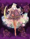  bad_id bad_pixiv_id blonde_hair blue_eyes crown dress flower full_body gloves holding holding_scythe izumiya_otoha long_hair pantyhose pink_flower pink_rose purple_background red_flower red_legwear red_rose rose rose_witch scythe see-through shiei_no_sona-nyl shoes solo steampunk_(liarsoft) striped striped_legwear vertical-striped_legwear vertical_stripes 