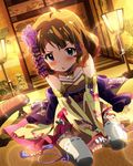  artist_request blue_eyes brown_hair detached_sleeves frills hair_ornament idolmaster idolmaster_million_live! japanese_clothes kanzashi lamp lens_flare lolita_fashion long_hair official_art ribbon-trimmed_legwear ribbon_trim suou_momoko thighhighs tsumami_kanzashi wa_lolita 