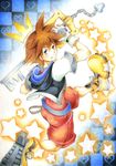  blue_eyes brown_hair chain_necklace crown fingerless_gloves gloves keyblade kingdom_hearts male_focus rororetoro solo sora_(kingdom_hearts) 