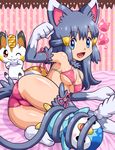  animal_ears ass bed_sheet bikini blue_eyes blue_hair breasts cat_tail cosplay covered_nipples elbow_gloves gen_1_pokemon gen_4_pokemon glameow glameow_(cosplay) gloves hair_ornament heart hikari_(pokemon) looking_at_viewer lying medium_breasts meowth meowth_(cosplay) multicolored multicolored_background on_side pachirisu paw_gloves paw_pose paws pink_bikini pink_ribbon piplup pokemoa pokemon pokemon_(creature) polka_dot polka_dot_background ribbon smile solo striped striped_background swimsuit tail thighhighs thighs vertical-striped_background vertical_stripes 