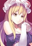 blonde_hair breasts cleavage collarbone culter elbow_gloves gloves hat large_breasts long_hair off_shoulder red_background smile solo touhou white_gloves yakumo_yukari yellow_eyes 