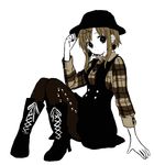  anzu_(o6v6o) boots full_body gumi hand_on_headwear hat looking_at_viewer monochrome pantyhose plaid short_hair short_hair_with_long_locks sidelocks simple_background solo vocaloid white_background 