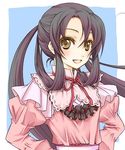  angelica_derleth ascot bad_id bad_pixiv_id black_hair blue_background hair_rings hands_on_hips juliet_sleeves long_hair long_sleeves lowres puffy_sleeves sakurairyouka shikkoku_no_sharnoth smile solo steampunk_(liarsoft) twintails yellow_eyes 