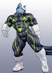  3d abs anthro armor biceps big_muscles black_nose blue_fur bodysuit boots bulge canine clothing footwear front fur gloves gradient_background green_eyes grey_background kitticlub male mammal mask muscles naughty_face pecs plain_background pose rubber shiny skinsuit solo standing thick_thighs tight_clothing toned vein wolf 