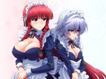  alternate_costume apron blue_eyes braid breast_envy breasts cleavage commentary_request covered_nipples enmaided hair_between_eyes hand_on_own_arm highres hong_meiling izayoi_sakuya jealous kezune_(i-_-i) large_breasts light_smile long_hair looking_at_another looking_down maid maid_apron maid_headdress multicolored multicolored_background multiple_girls red_hair short_hair silver_hair touhou twin_braids 
