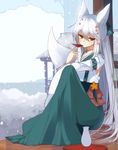  animal_ears cup fox_ears green_hakama hakama japanese_clothes long_hair miko mishima_kurone original red_eyes sakazuki shirokami_project solo tierra_azur tokkuri white_hair 