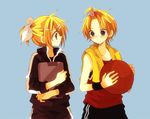 1girl anzu_(o6v6o) basketball blonde_hair blush brother_and_sister commentary_request kagamine_len kagamine_rin short_hair siblings simple_background smile vocaloid 