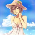  1girl :d arm_behind_back blue_sky breasts brown_eyes brown_flower brown_hat cleavage cloud collarbone dress eyebrows_visible_through_hair flower hair_between_eyes hat hat_flower hat_ribbon lens_flare medium_breasts meiko ocean open_mouth outdoors ribbon short_hair sky sleeveless sleeveless_dress smile solo sun_hat sundress upper_body vocaloid white_dress white_ribbon yen-mi 