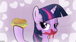  burger equine female food friendship_is_magic fur hair horn horse ketchup looking_at_viewer mammal mrcbleck my_little_pony pony purple_eyes purple_fur purple_hair smile solo sweat twilight_sparkle_(mlp) two_tone_hair unicorn 
