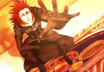  a5_arashi axel_(kingdom_hearts) black_coat_(kingdom_hearts) cloak facial_mark gloves green_eyes highres kingdom_hearts male_focus reaching_out red_hair sitting solo 