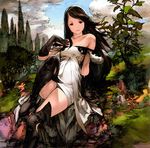  agnes_oblige bare_shoulders boots bravely_default:_flying_fairy bravely_default_(series) cloud day gloves long_hair looking_at_viewer official_art sitting sky solo tree yoshida_akihiko 