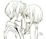  1girl anzu_(o6v6o) blush dated eye_contact face-to-face food genderswap genderswap_(ftm) gumi gumiya looking_at_another monochrome pocky pocky_day short_hair short_hair_with_long_locks sidelocks simple_background vocaloid white_background 