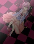  checkered checkered_floor eyeball hairband hands_clasped heart highres komeiji_satori looking_at_viewer lying on_back own_hands_together purple_hair red_eyes short_hair skirt smile solo third_eye touhou ximsol182 