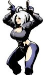  abs ahoge angel_(kof) belt blue_eyes breasts chaps cleavage crop_top cropped_legs fingerless_gloves gloves hair_over_one_eye horns_pose large_breasts midriff navel piko_(osso) short_hair smile solo the_king_of_fighters white_hair 
