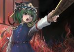  bad_id bad_pixiv_id buttons fire flame frills green_eyes green_hair hat hat_ribbon ichiba_youichi long_sleeves mob_cap outstretched_arm outstretched_arms paddle ribbon rod rod_of_remorse shiki_eiki short_hair shoulder_pads solo touhou upper_body vest 