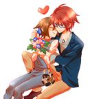  1girl allen_(harvest_moon) blue_eyes bouquet brown_hair closed_eyes couple flower glasses harvest_moon harvest_moon:_a_new_beginning hetero kosaka_(tksk) overalls red_hair rio_(harvest_moon) short_hair sitting smile 