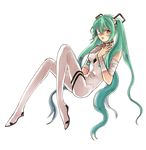  ayanami_rei ayanami_rei_(cosplay) bandage_over_one_eye bandages bodysuit cosplay green_eyes green_hair hands_on_own_chest hatsune_miku long_hair nail_polish neon_genesis_evangelion plugsuit ppongtta_bd sitting solo transparent_background twintails very_long_hair vocaloid white_bodysuit 
