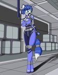  bdsm blue_fur bondage bound canine clothed clothing female fox fur hair krystal mammal nintendo raver1357 solo spacecraft standing star_fox text video_games 