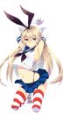  arms_up blonde_hair elbow_gloves gloves kantai_collection kneeling long_hair looking_at_viewer nagino_hiiragi navel sailor_collar shimakaze_(kantai_collection) simple_background skirt solo striped striped_legwear thighhighs very_long_hair white_background 