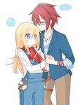  1boy 1girl allen_(harvest_moon) blonde_hair blue_eyes blush couple glasses harvest_moon harvest_moon:_a_new_beginning hetero holding_hands jewelry long_hair necklace nocana overalls red_hair rio_(harvest_moon) scarf short_hair spoken_exclamation_mark 