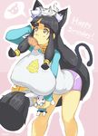  anthro bell big_breasts black_hair breasts cat clothing collar feline female hair huge_breasts kane long_hair mammal mayzken shirt shorts solo 