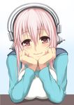  blush breasts deni_m hands_on_own_cheeks hands_on_own_face headphones large_breasts long_hair looking_at_viewer nitroplus pink_eyes pink_hair smile solo super_sonico 