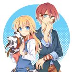  1girl allen_(harvest_moon) bad_id bad_pixiv_id blonde_hair blue_eyes couple cowboy_hat glasses harvest_moon harvest_moon:_a_new_beginning hat long_hair overalls pout red_hair rio_(harvest_moon) scarf short_hair tankensya 