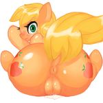  absurd_res anus applejack_(mlp) blonde_hair blush butt cutie_mark equine female feral freckles friendship_is_magic fur green_eyes hair hi_res horse lying mammal my_little_pony on_back orange_fur plain_background pony ponylicking pussy pussy_juice raised_tail solo white_background 