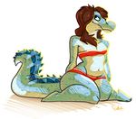  anthro bikini breasts brown_hair clothed clothing crocodile female fivel hair long_hair navel non-mammal_breasts plain_background pose reptile scalie scampi sitting skimpy small_breasts solo swimsuit white_background wide_hips 