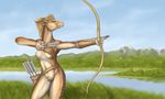  2014 archery armor arrow blonde_hair blue_eyes bow_(weapon) breasts cervine deer female fur green_eyes hair mammal nipples nude outside ponytail pubes ranged_weapon small_breasts solo spots tan_fur weapon wiredhooves 