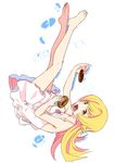  bad_id bad_pixiv_id barefoot blonde_hair doughnut dress feet food full_body golden_chocolate highres long_hair long_legs monogatari_(series) nagashii_kouhei oshino_shinobu solo yellow_eyes 