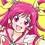  :d cure_dream face flower hair_flower hair_ornament hair_ribbon hair_rings long_hair magical_girl open_mouth pink_eyes pink_flower pink_hair pink_rose precure ribbon rose smile solo yellow_background yes!_precure_5 yes!_precure_5_gogo! yoshino_(yoshizuya) yumehara_nozomi 