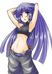  akatsuki_(log_horizon) arm_up armpits bare_shoulders log_horizon long_hair nekoi_hikaru pants ponytail purple_eyes purple_hair simple_background solo white_background 