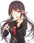  bandages black_hair blush long_hair looking_at_viewer open_mouth original red_eyes samegami school_uniform scissors smile solo torn_clothes 